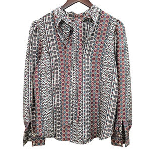 LOFT Blouse Womens XS Multicolor High Neck Tie Bow Ruffle Long Sleeve Geo Print